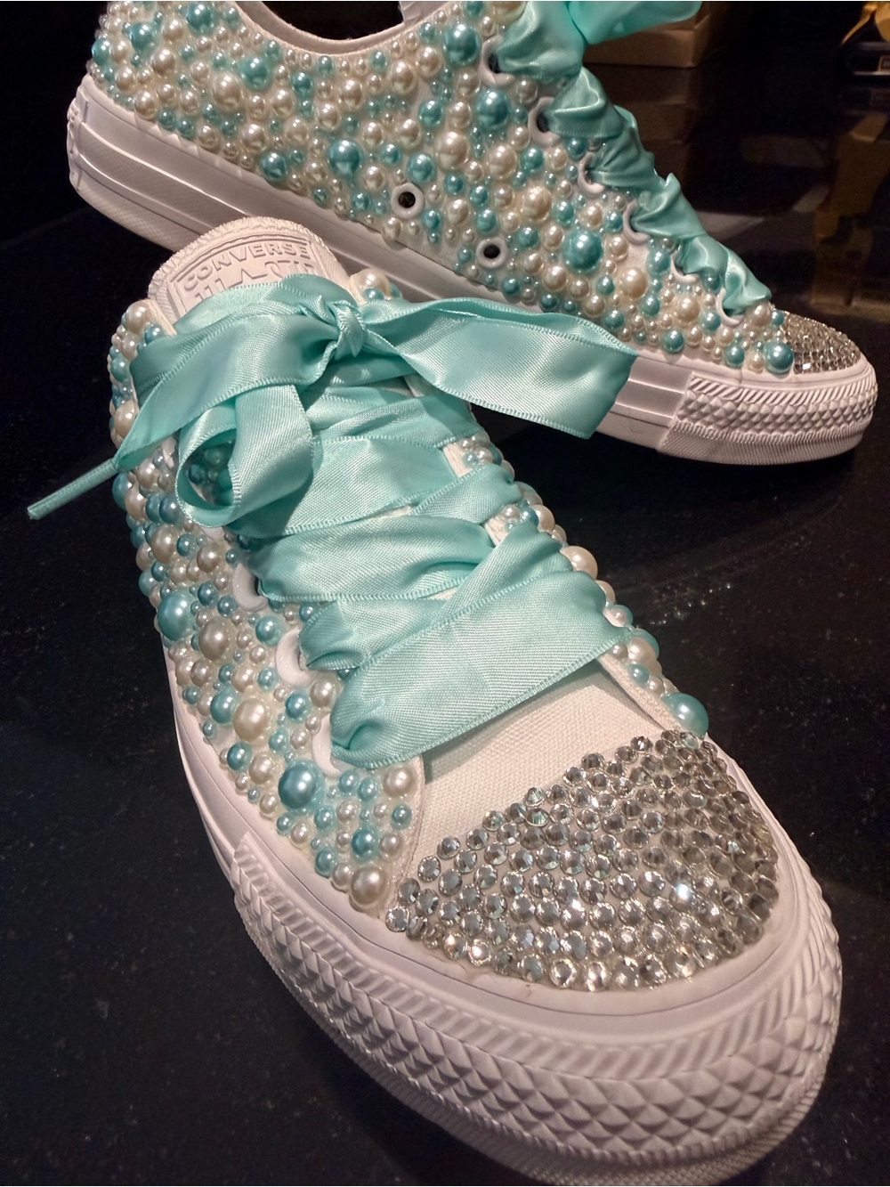Converse Women's White Sneakers with Aqua Ribbon & Pearl Embellishments - Picture 3 of 5
